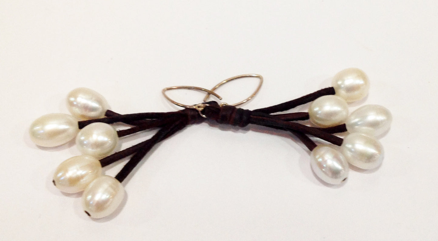 "Little Black Dress" Freshwater Pearl and Leather Dangling Earrings - Klara Haloho - 2