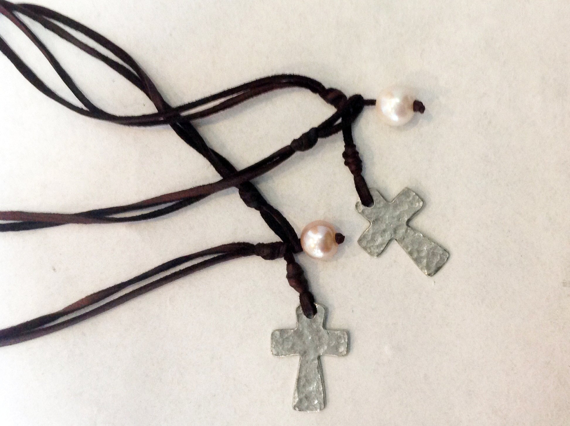 Cross Choker, Freshwater Pearl and Hammered Metal Cross Necklace - Klara Haloho - 2