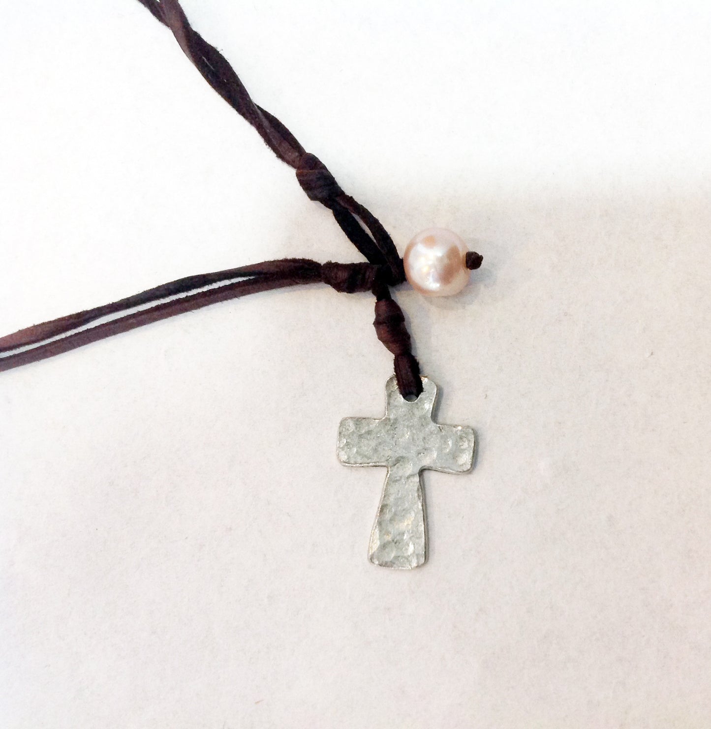 Cross Choker, Freshwater Pearl and Hammered Metal Cross Necklace - Klara Haloho - 3